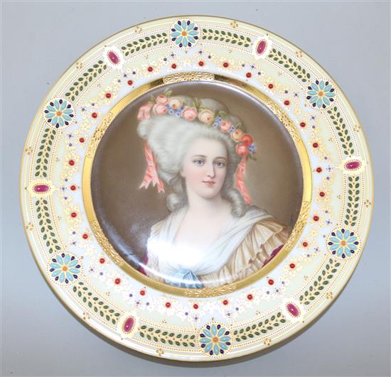 A Hutschenreuter jewelled cabinet plate, c.1910, painted by Wagner, 24cm